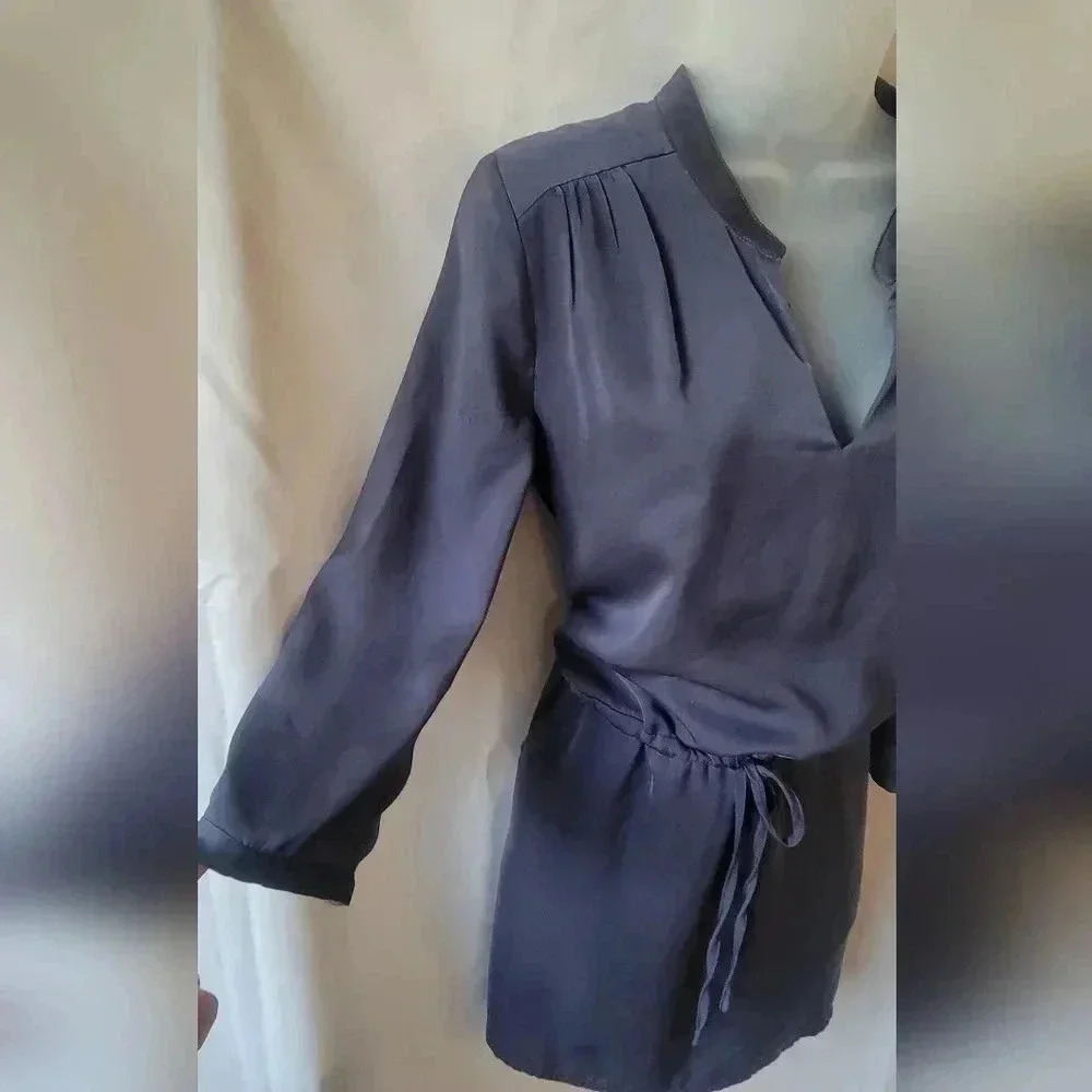 SIZE SMALL Tinley Road Silky Split-Neck Smocked Waist Drawstring Dress, Blue - Picture 4 of 10